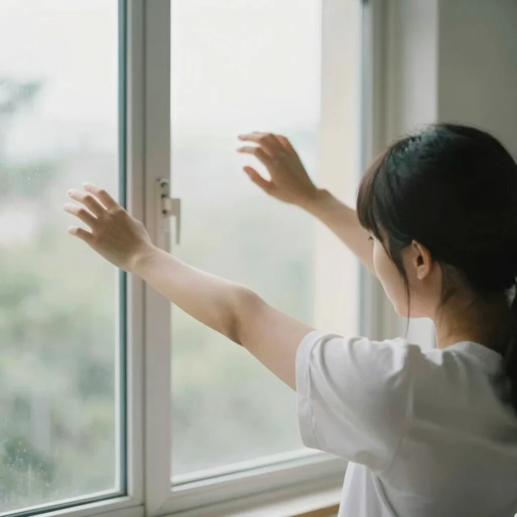 A person stretching gently by a window, focused on movement, soft