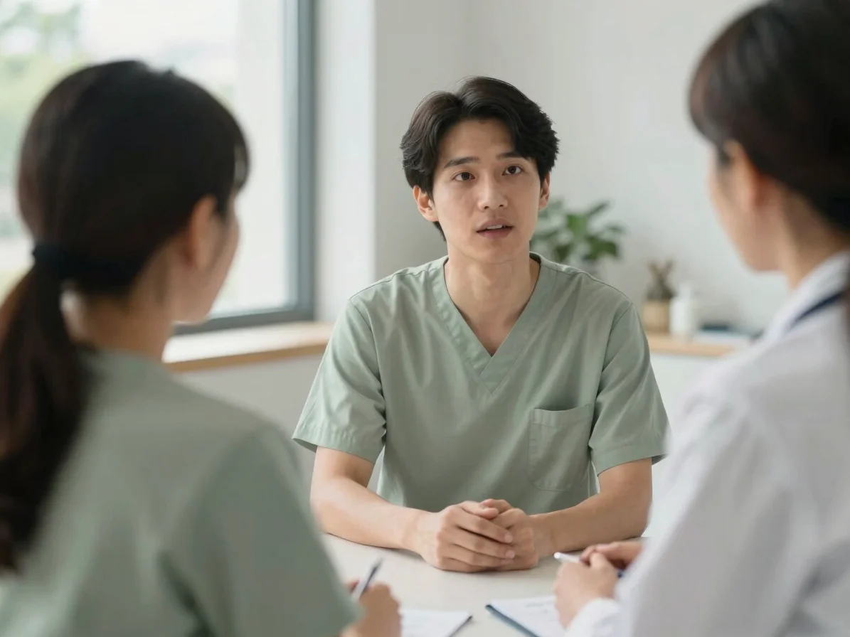 A person in a modern, calm healthcare setting, talking to a clinician, soft natural daylight, desaturated sage and soft