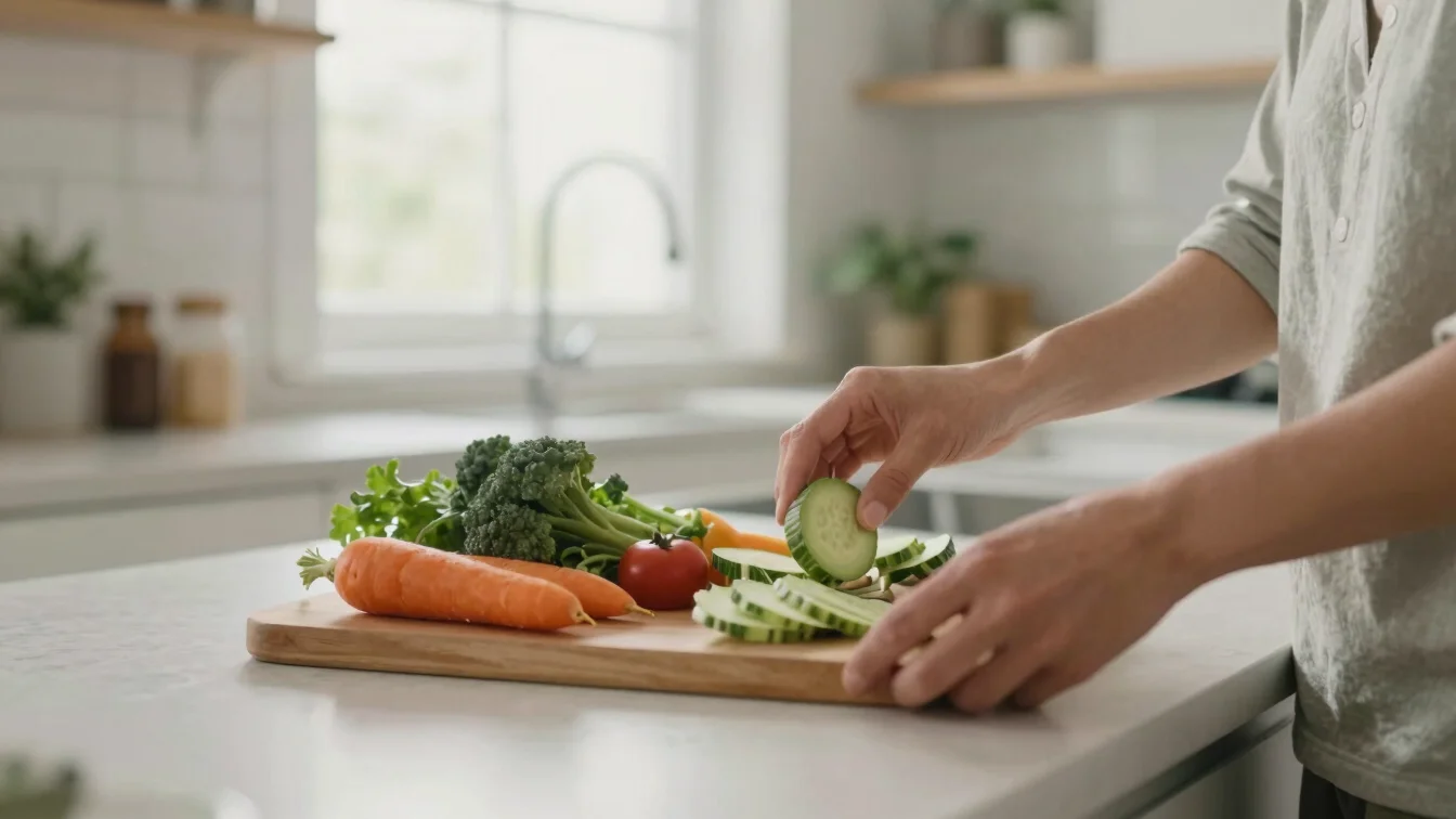 A person mindfully selecting healthy food in a modern kitchen, so