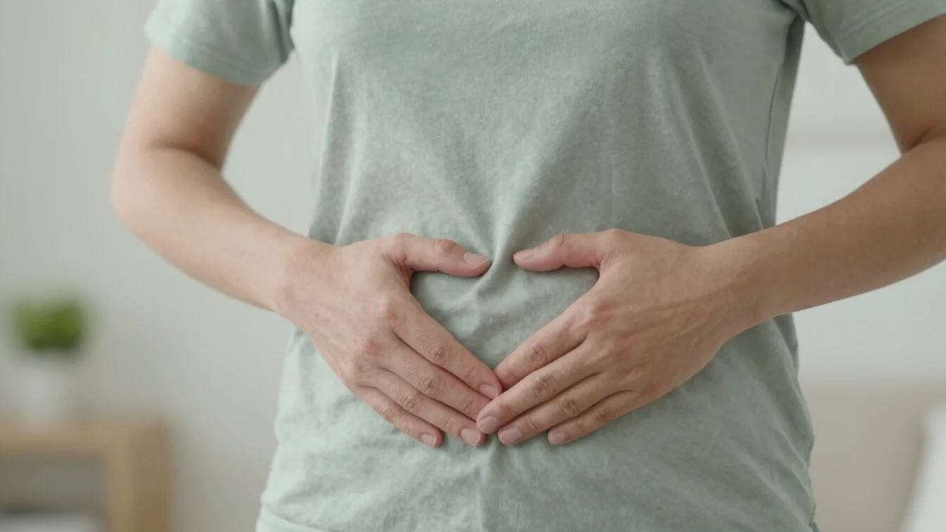 A person gently placing a hand on their stomach, indicating aware