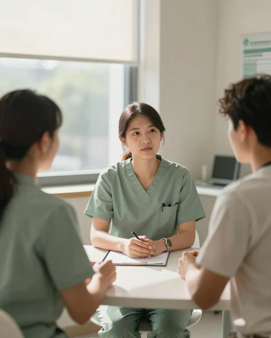 Warm clinical editorial photograph of a professional healthcare consultation environment with soft daylight streaming th
