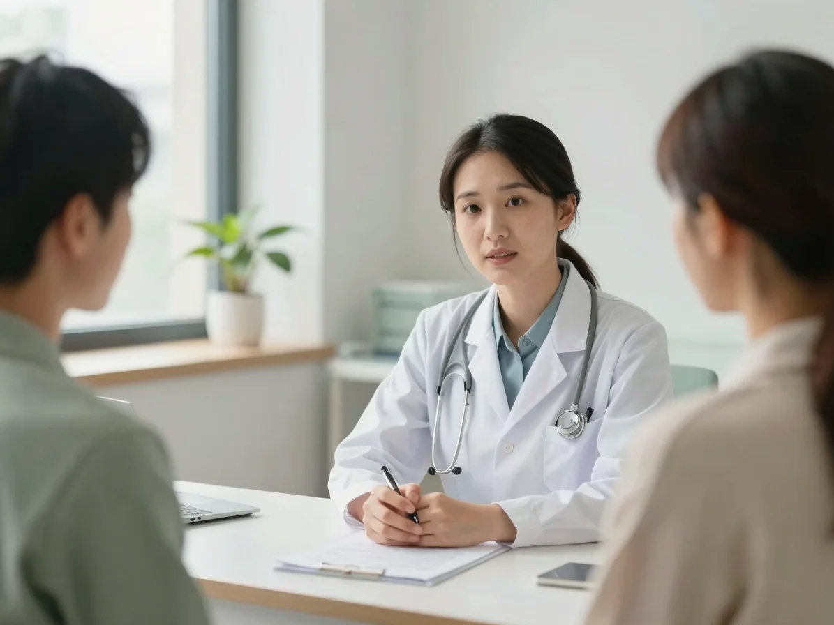 A calm, modern clinic setting with a medical professional discreetly discussing treatment options with a patient, soft n