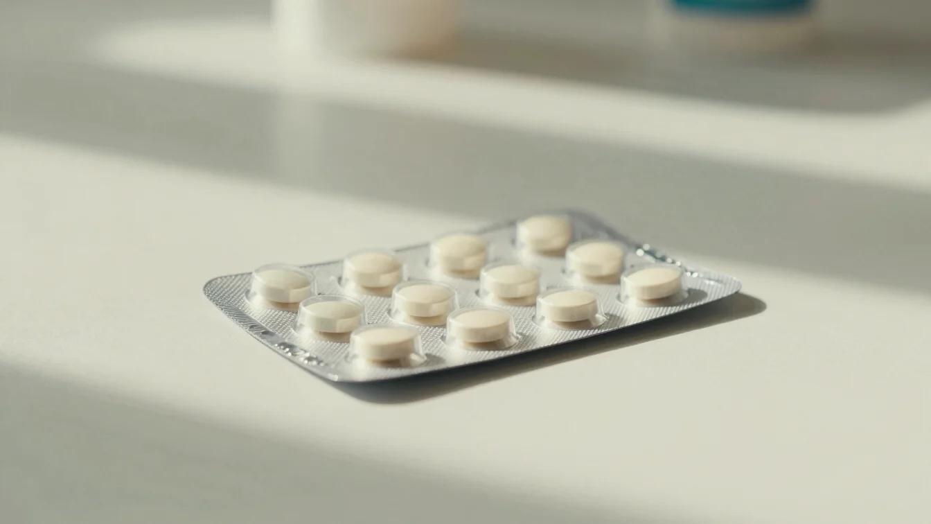 A blister pack of oral medication on a clean, modern surface, sof