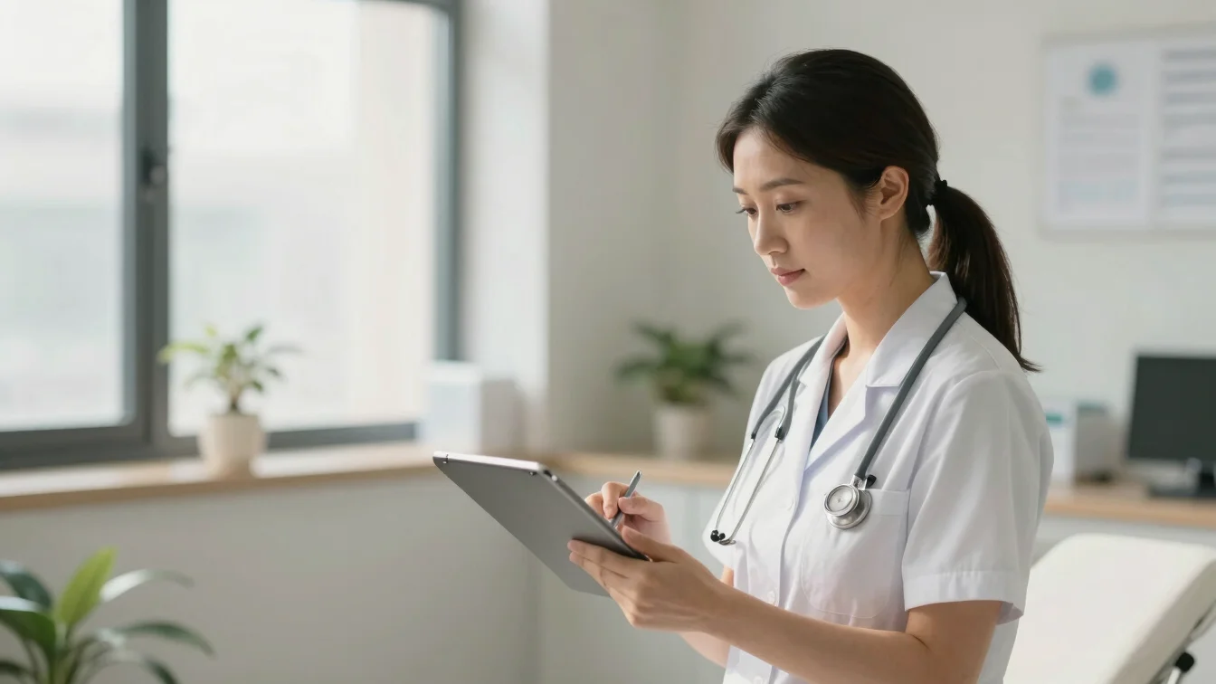 A medical professional in a modern clinic reviewing patient chart