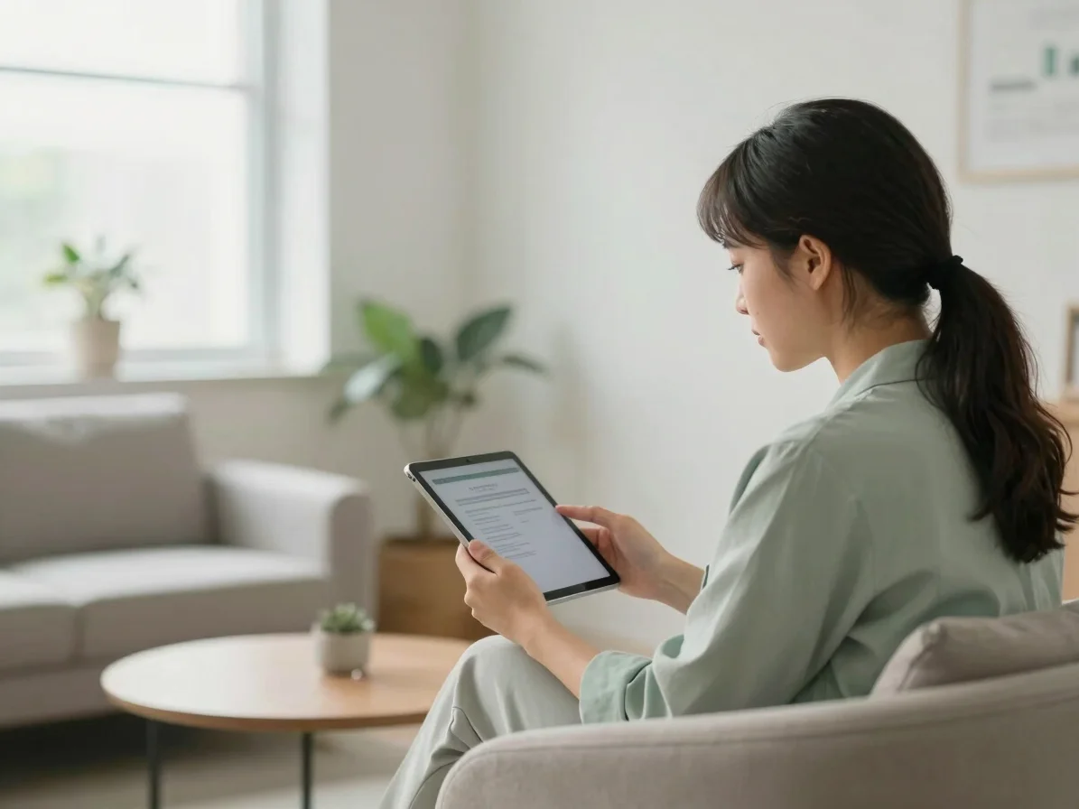 A person in a modern, calm consulting room, looking at a tablet w