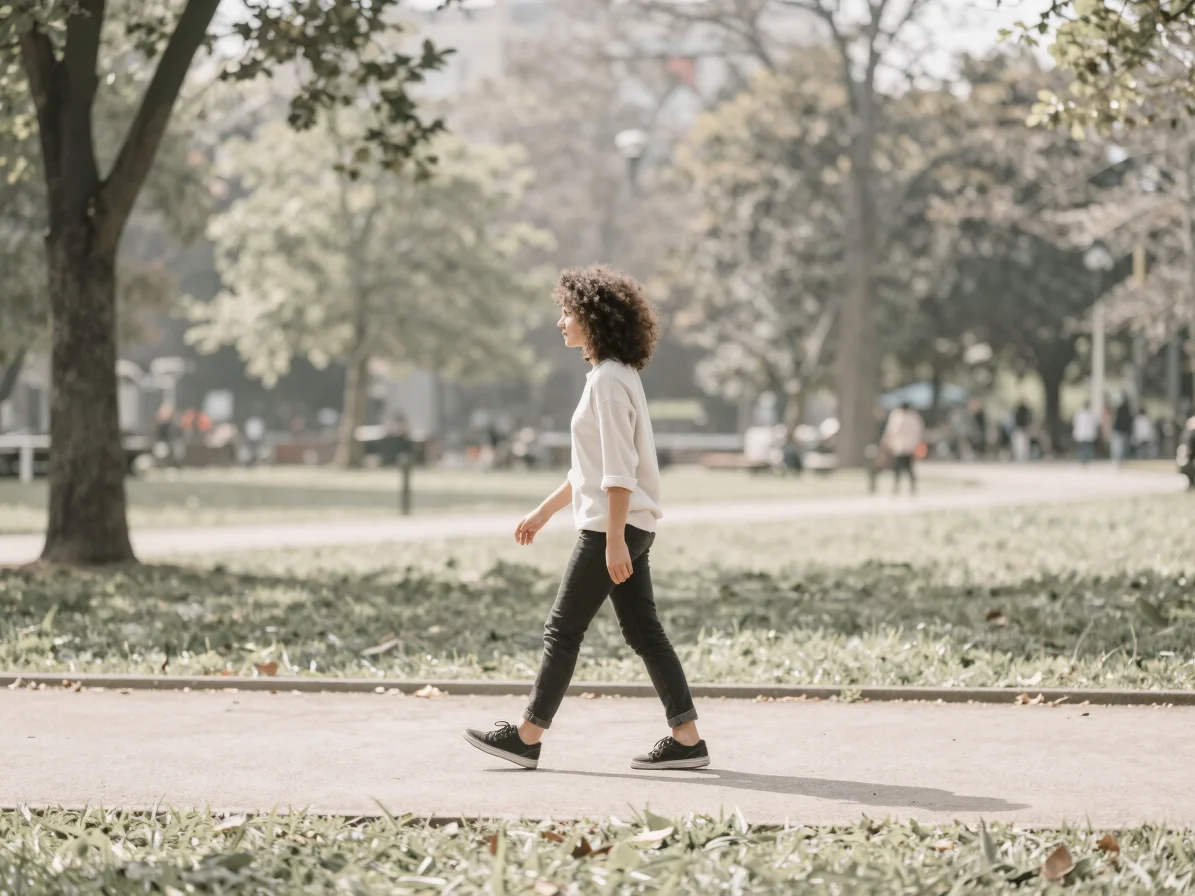 A person walking briskly in a park on a sunny day, soft natural daylight, desaturated sage and soft neutrals, shallow de