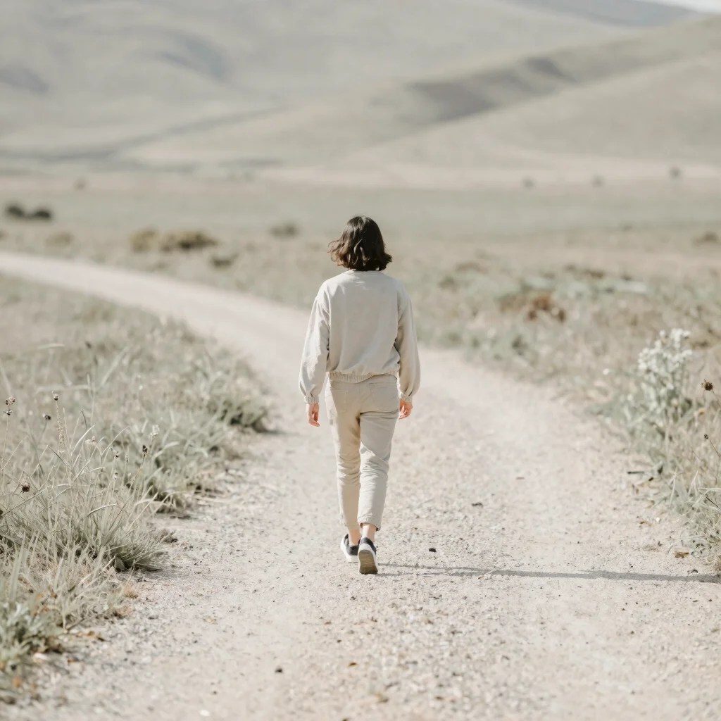A person walking on a scenic path, viewed from behind, soft natur